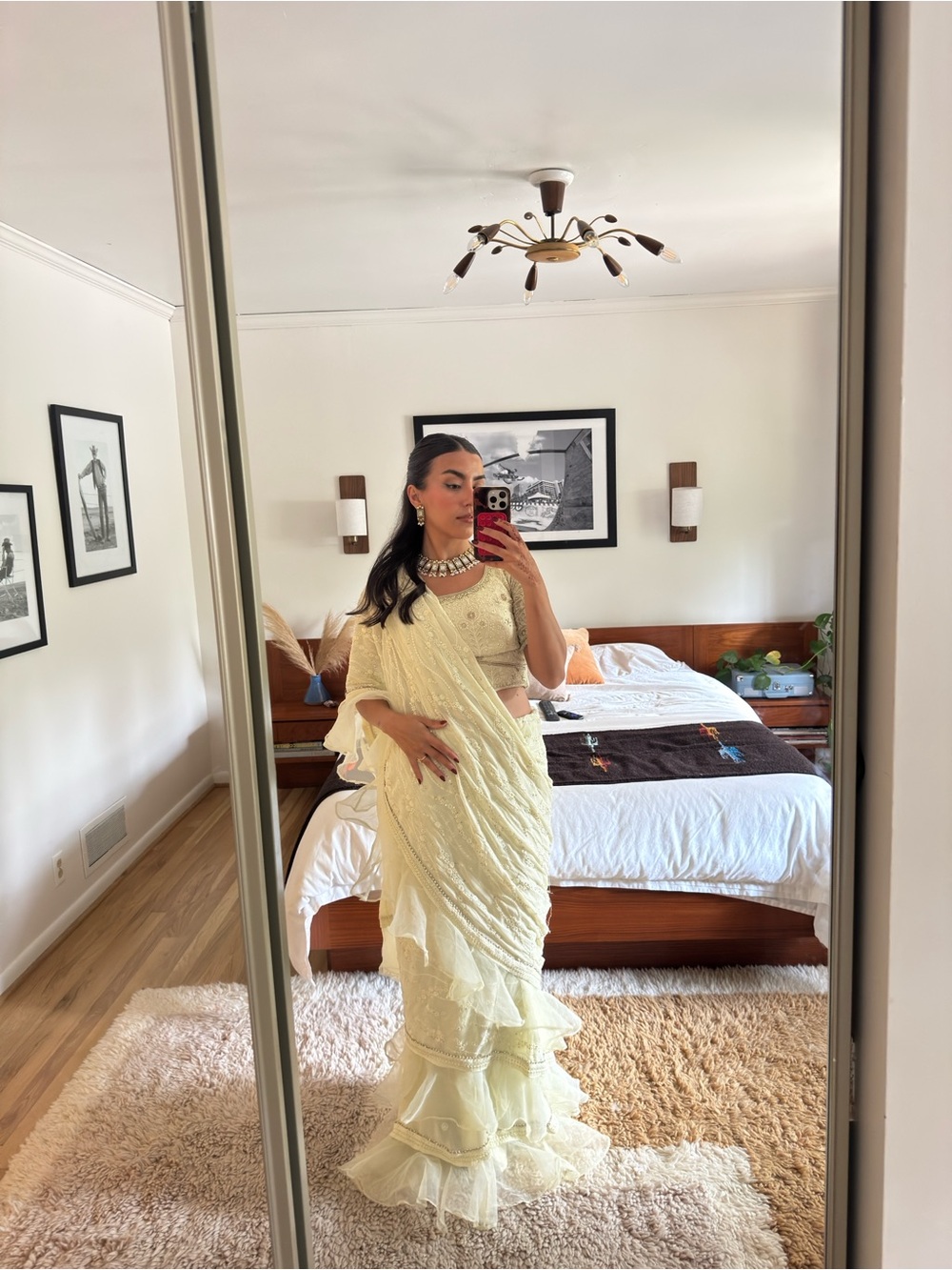 Elegant Pale Yellow Pre Drapped Ruffled Saree with Sequin Detail